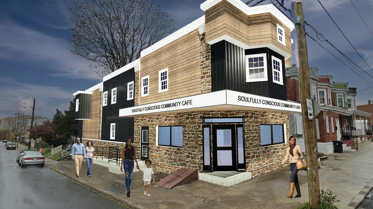 Exterior rendering of Soulfully Conscious Community Cafe — two-story mixed-use corner building with ground-floor cafe and large storefront glazing in Wilmington